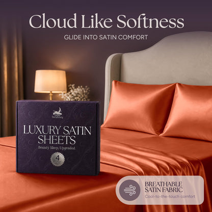 Burnt orange satin pillows and sheets beside a purple sheet box, beneath the heading "Cloud Like Softness".