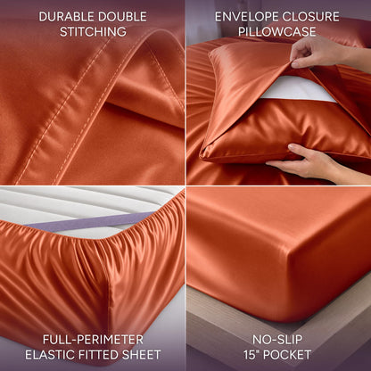 Burnt orange satin sheet detail collage showing double stitching, an envelope pillowcase, perimeter elastic and a pocket labeled 15 inches.