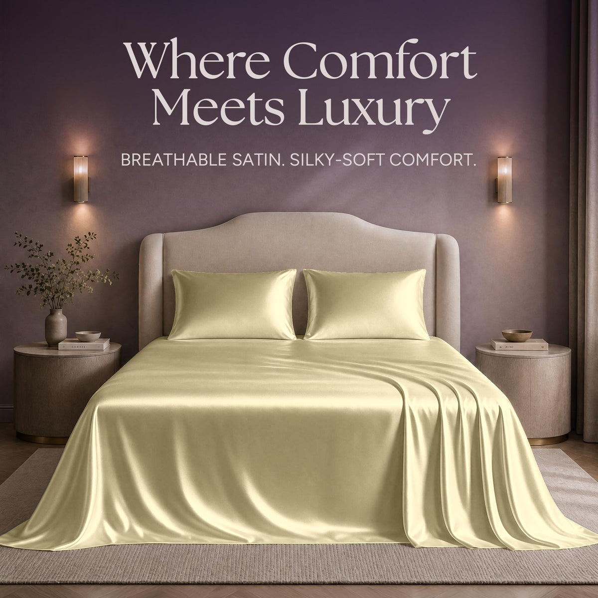 Pale yellow satin sheets and two matching pillows on a bed beneath "Where Comfort Meets Luxury".