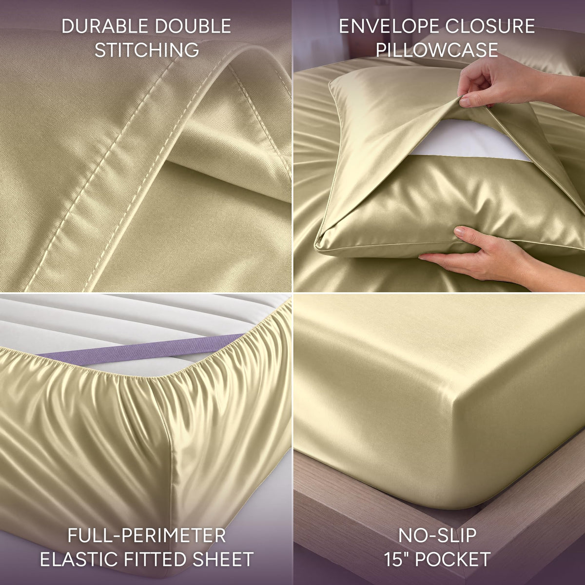 Pale yellow satin sheet detail collage showing double stitching, an envelope pillowcase, perimeter elastic and a pocket labeled 15 inches.