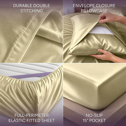 Pale yellow satin sheet detail collage showing double stitching, an envelope pillowcase, perimeter elastic and a pocket labeled 15 inches.