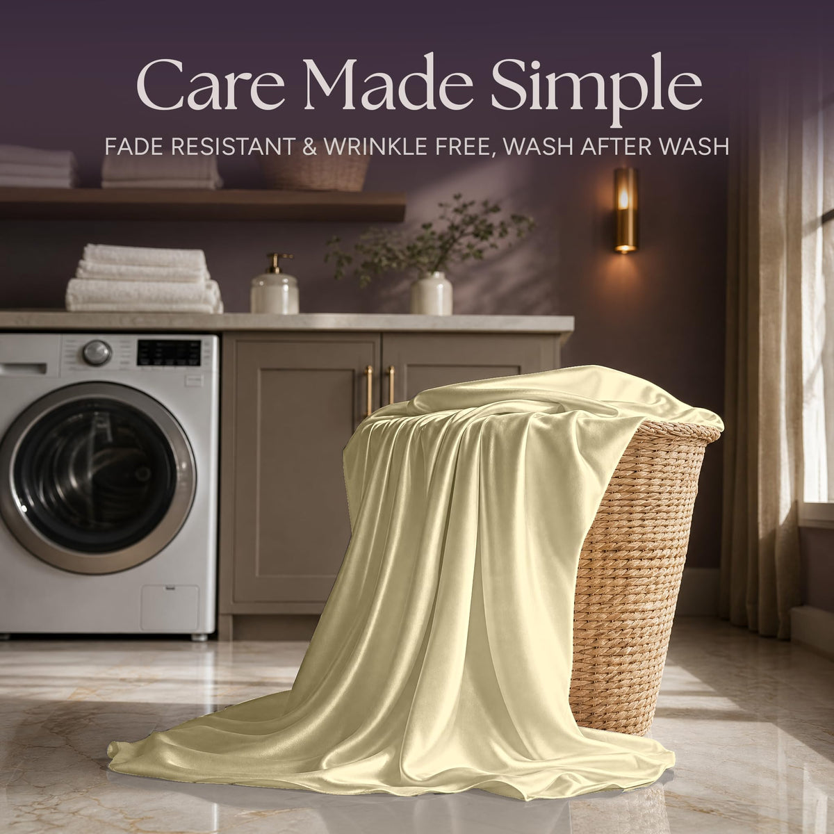 Pale yellow satin fabric draped over a wicker laundry basket beside a washing machine beneath "Care Made Simple".