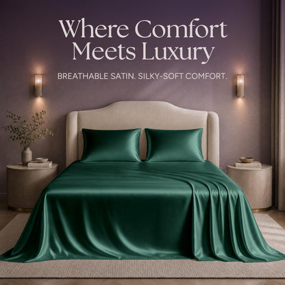 Emerald green satin sheets and two matching pillows on a bed beneath "Where Comfort Meets Luxury".