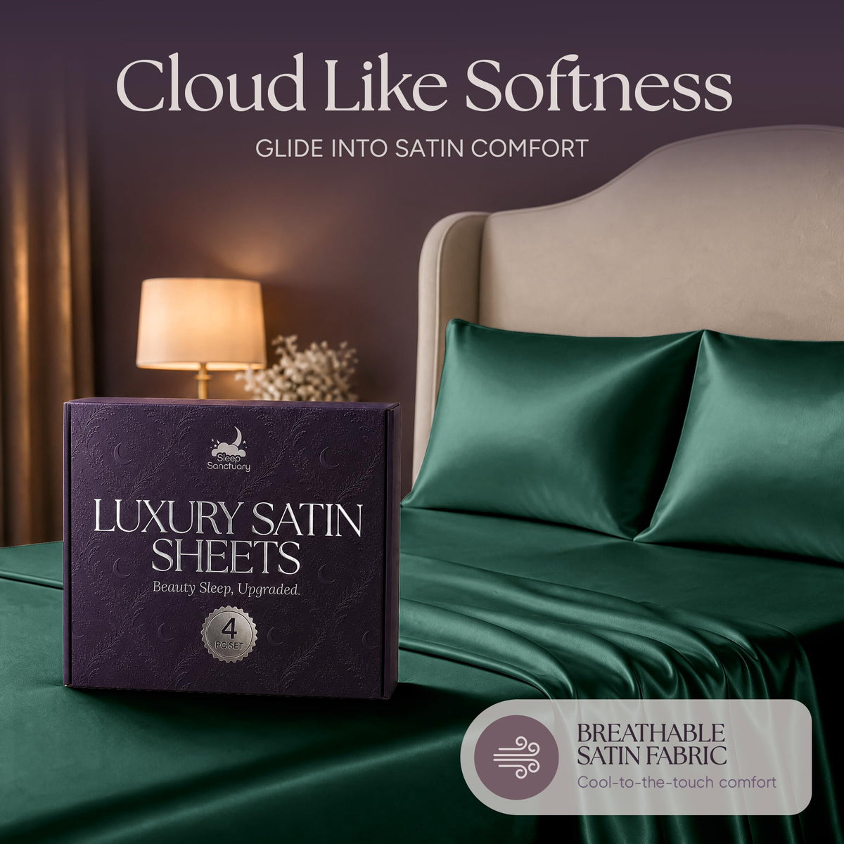 Emerald green satin pillows and sheets beside a purple sheet box, beneath the heading "Cloud Like Softness".
