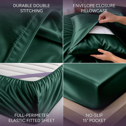 Emerald green satin sheet detail collage showing double stitching, an envelope pillowcase, perimeter elastic and a pocket labeled 15 inches.