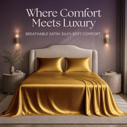Gold satin sheets and two matching pillows on a bed beneath "Where Comfort Meets Luxury".