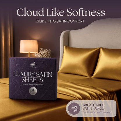 Gold satin pillows and sheets beside a purple sheet box, beneath the heading "Cloud Like Softness".
