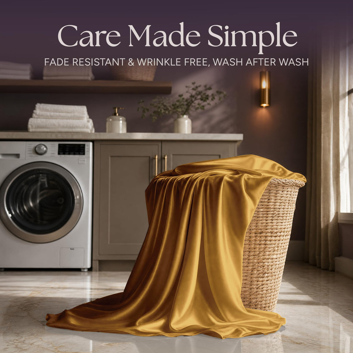 Gold satin fabric draped over a wicker laundry basket beside a washing machine beneath "Care Made Simple".