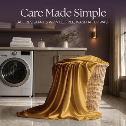 Gold satin fabric draped over a wicker laundry basket beside a washing machine beneath "Care Made Simple".