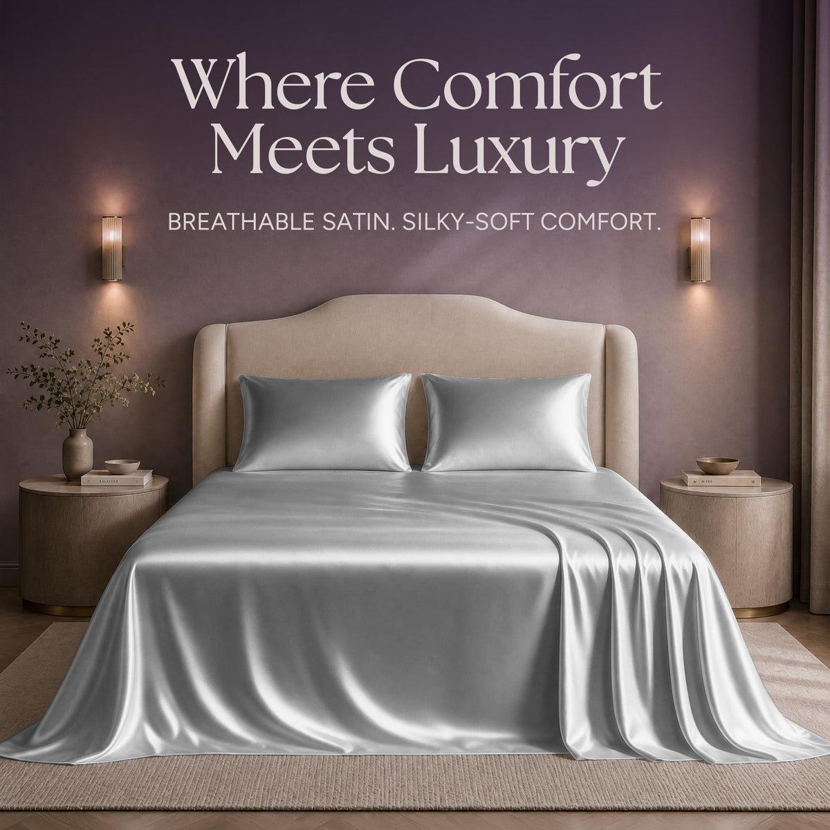 Silver gray satin sheets and two matching pillows on a bed beneath "Where Comfort Meets Luxury".