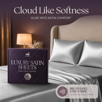 Silver gray satin pillows and sheets beside a purple sheet box, beneath the heading "Cloud Like Softness".