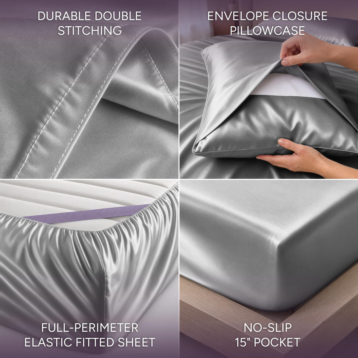 Silver gray satin sheet detail collage showing double stitching, an envelope pillowcase, perimeter elastic and a pocket labeled 15 inches.