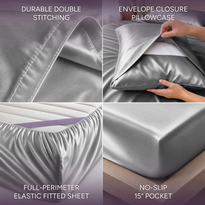Silver gray satin sheet detail collage showing double stitching, an envelope pillowcase, perimeter elastic and a pocket labeled 15 inches.