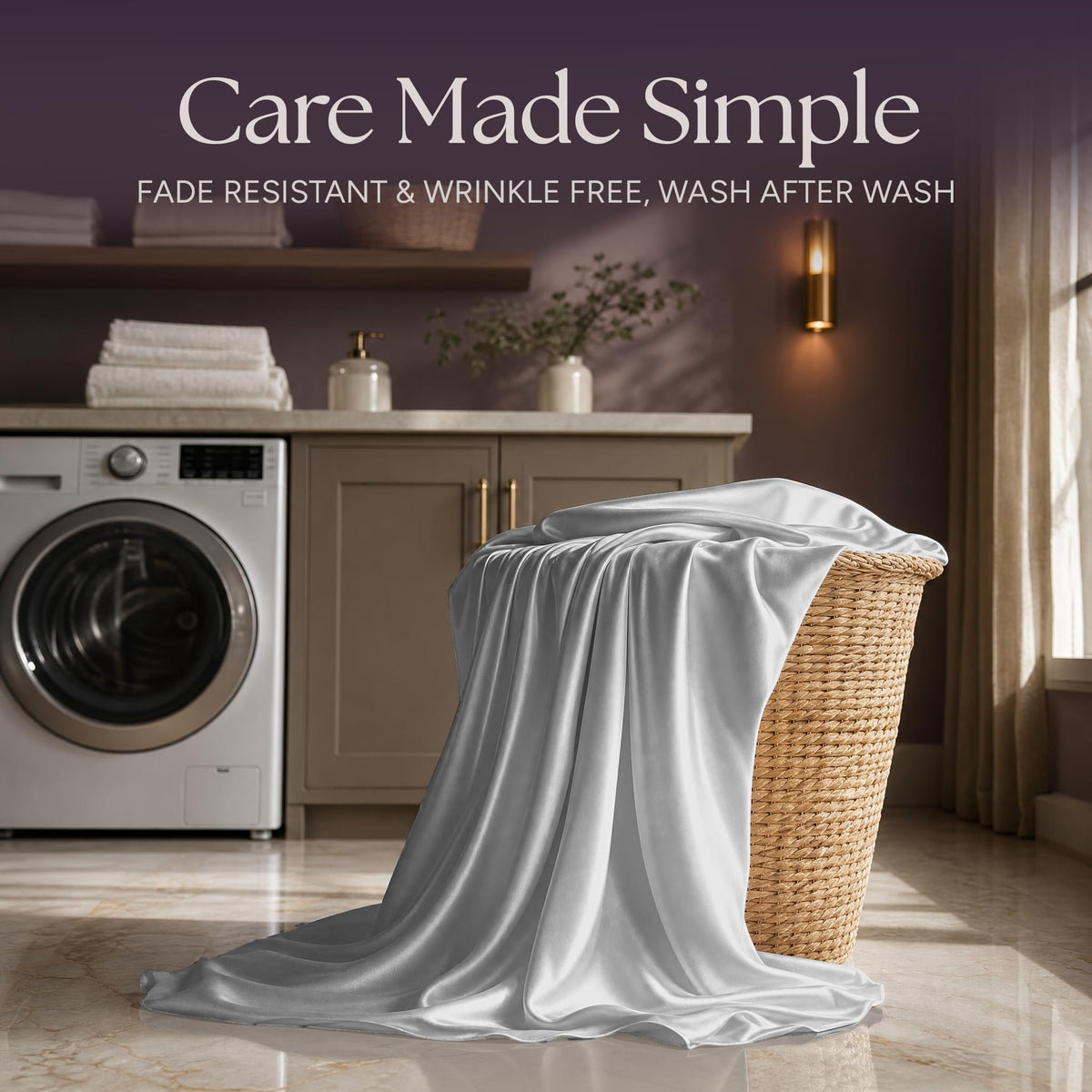 Silver gray satin fabric draped over a wicker laundry basket beside a washing machine beneath "Care Made Simple".
