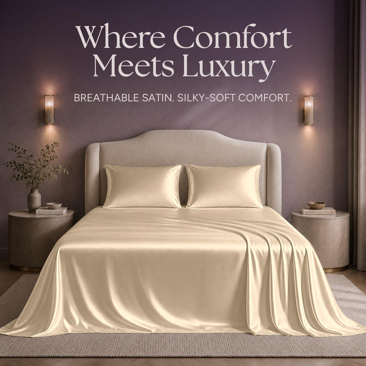 Champagne satin sheets and two matching pillows on a bed beneath "Where Comfort Meets Luxury".