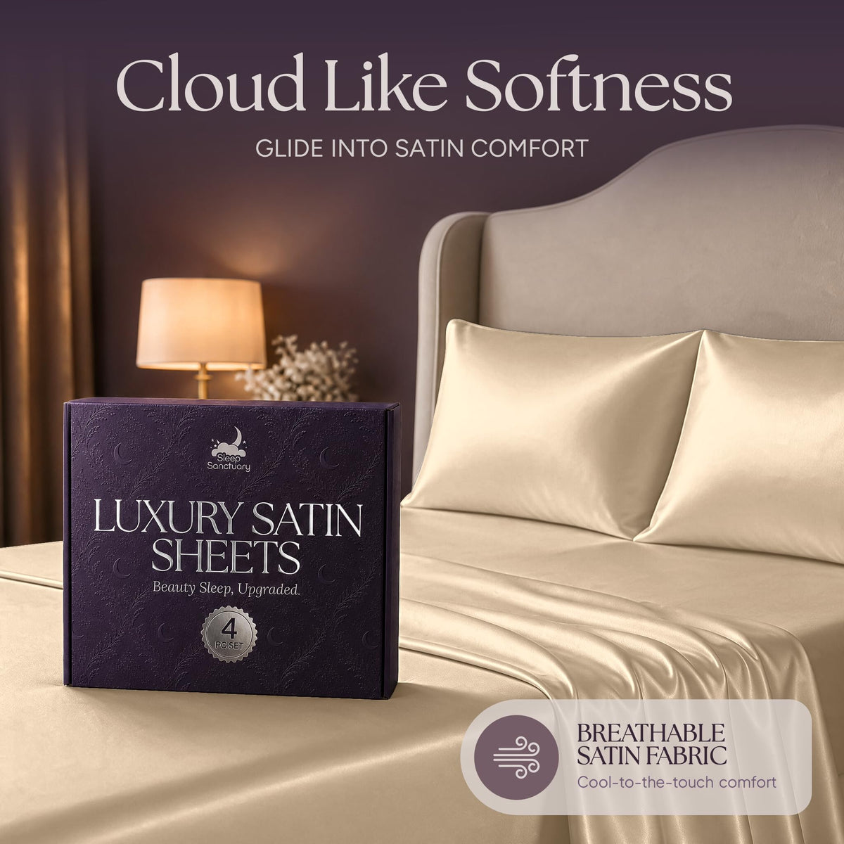 Champagne satin pillows and sheets beside a purple sheet box, beneath the heading "Cloud Like Softness".