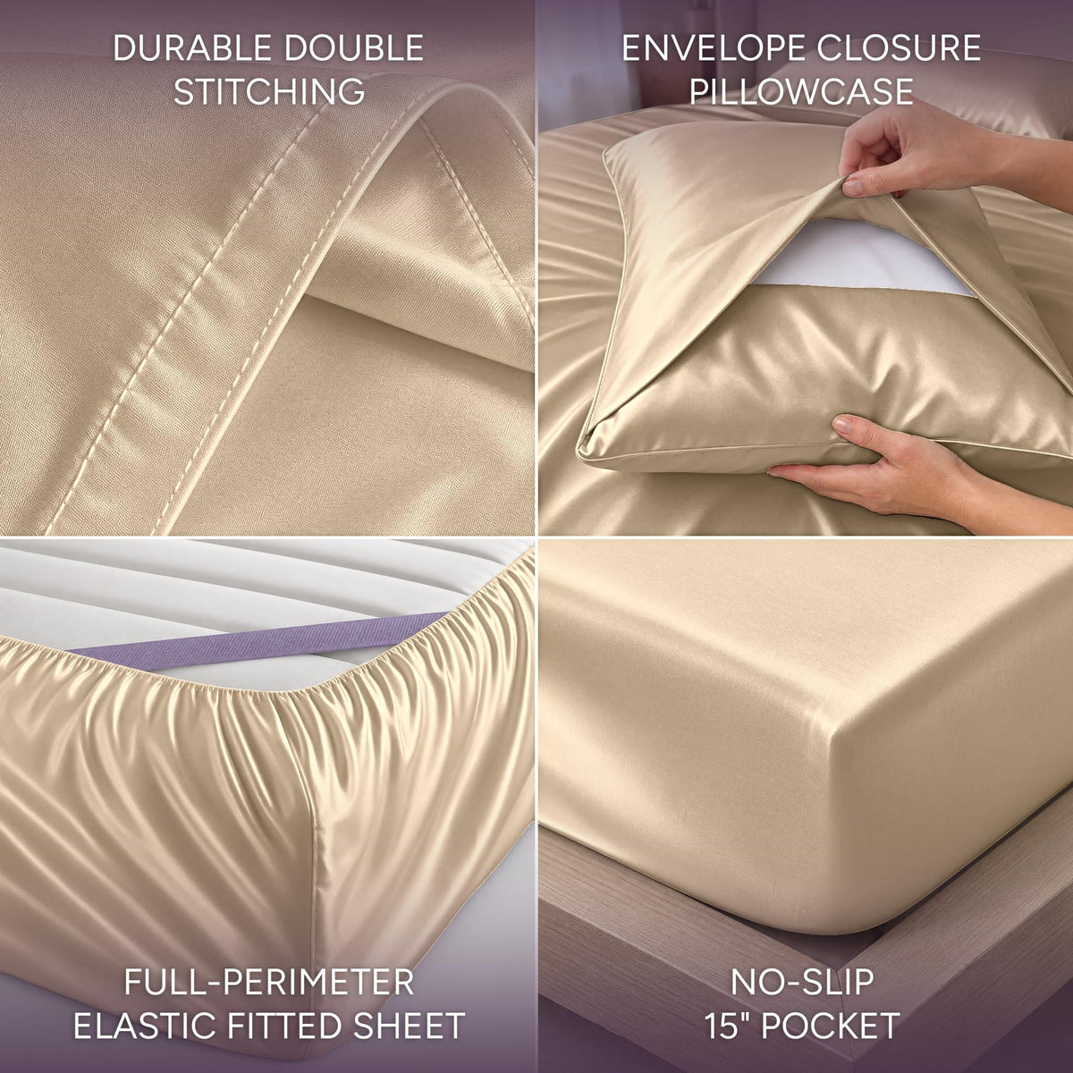 Champagne satin sheet detail collage showing double stitching, an envelope pillowcase, perimeter elastic and a pocket labeled 15 inches.