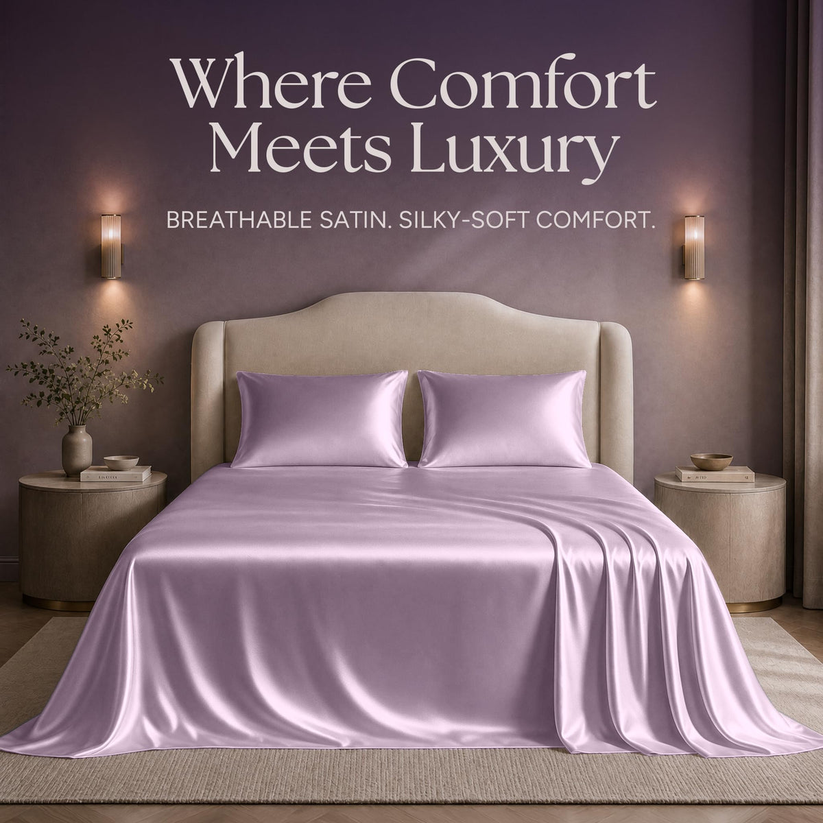 Lavender satin sheets and two matching pillows on a bed beneath "Where Comfort Meets Luxury".