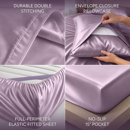 Lavender satin sheet detail collage showing double stitching, an envelope pillowcase, perimeter elastic and a pocket labeled 15 inches.