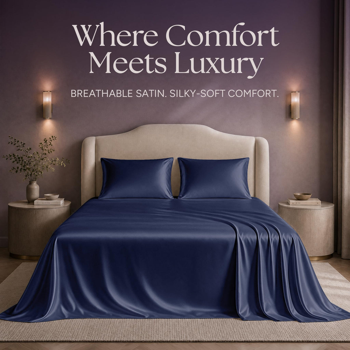 Navy blue satin sheets and two matching pillows on a bed beneath "Where Comfort Meets Luxury".
