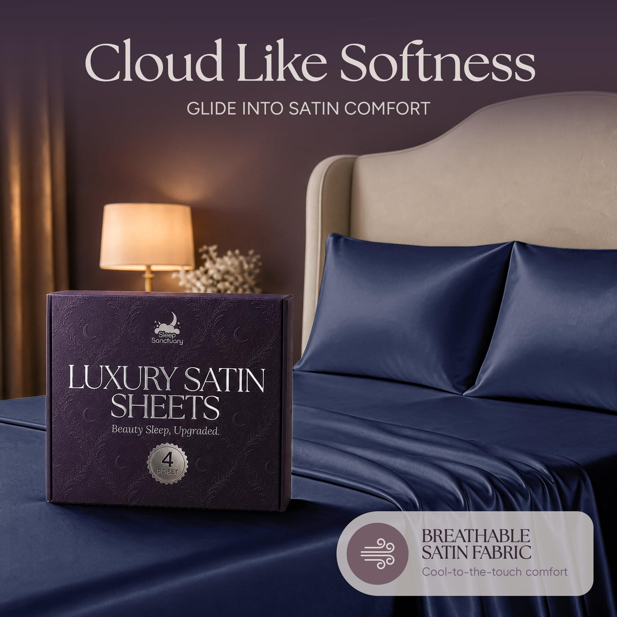 Navy blue satin pillows and sheets beside a purple sheet box, beneath the heading "Cloud Like Softness".