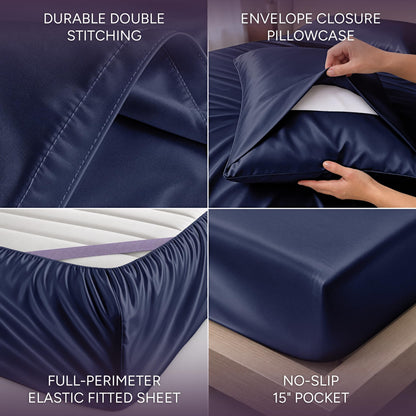 Navy blue satin sheet detail collage showing double stitching, an envelope pillowcase, perimeter elastic and a pocket labeled 15 inches.
