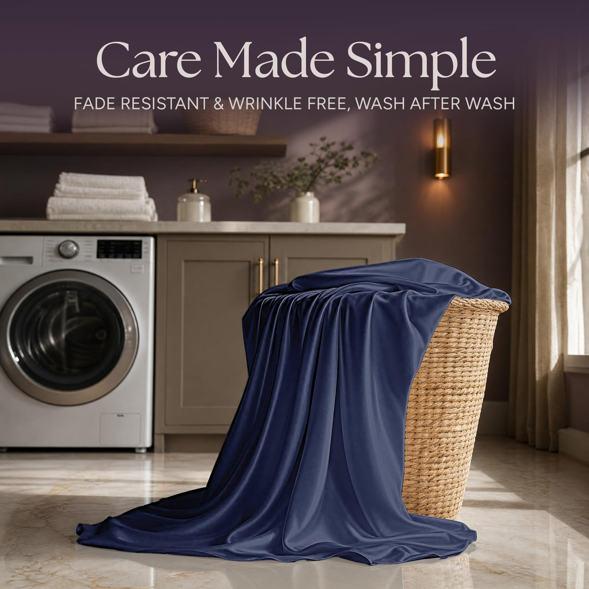 Navy blue satin fabric draped over a wicker laundry basket beside a washing machine beneath "Care Made Simple".