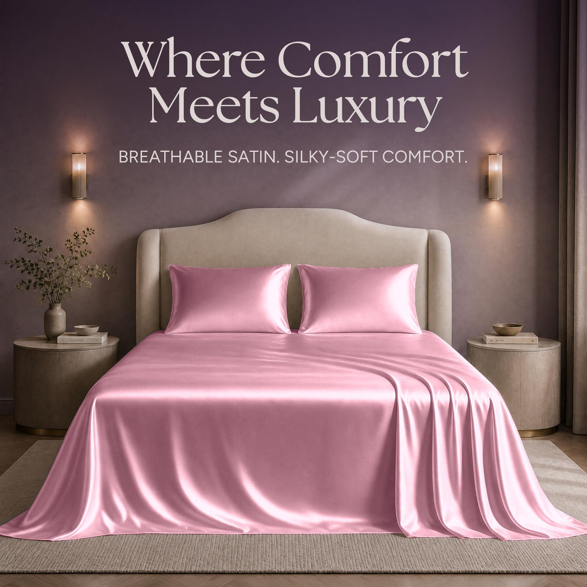 Pink satin sheets and two matching pillows on a bed beneath "Where Comfort Meets Luxury".