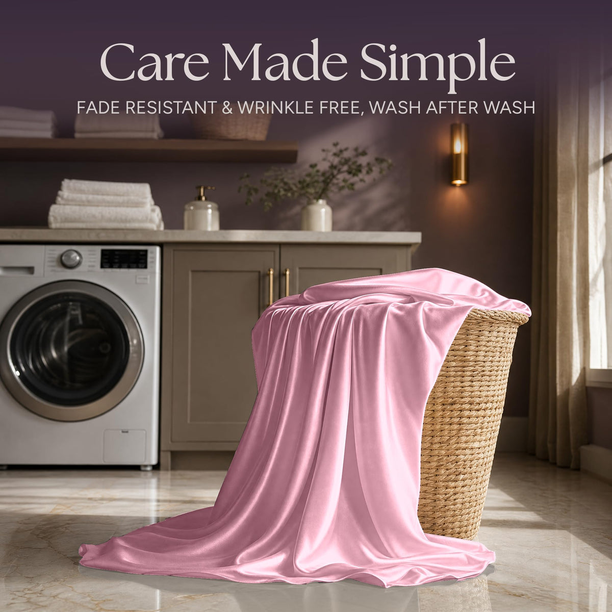 Pink satin fabric draped over a wicker laundry basket beside a washing machine beneath "Care Made Simple".