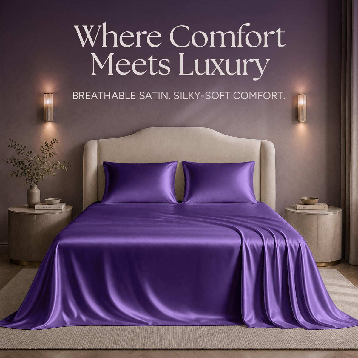 Purple satin sheets and two matching pillows on a bed beneath "Where Comfort Meets Luxury".