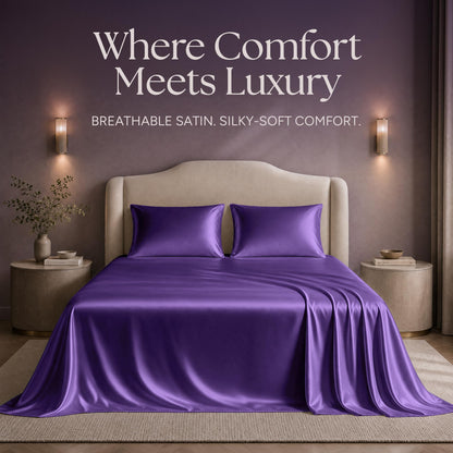 Purple satin sheets and two matching pillows on a bed beneath "Where Comfort Meets Luxury".
