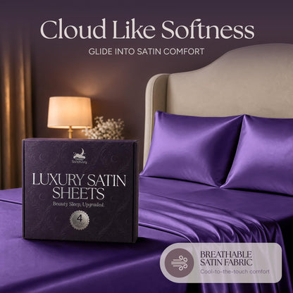 Purple satin pillows and sheets beside a purple sheet box, beneath the heading "Cloud Like Softness".
