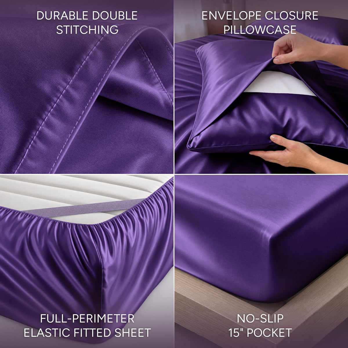 Purple satin sheet detail collage showing double stitching, an envelope pillowcase, perimeter elastic and a pocket labeled 15 inches.