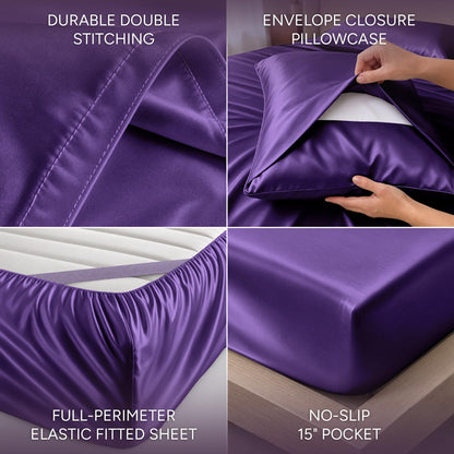 Purple satin sheet detail collage showing double stitching, an envelope pillowcase, perimeter elastic and a pocket labeled 15 inches.