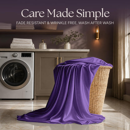 Purple satin fabric draped over a wicker laundry basket beside a washing machine beneath "Care Made Simple".