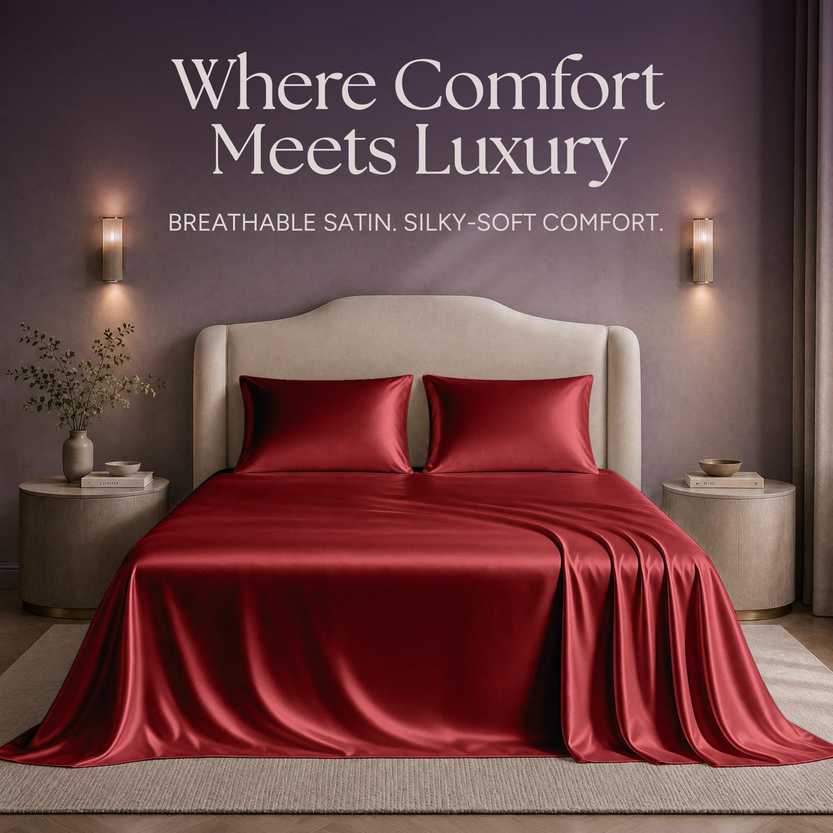 Red satin sheets and two matching pillows on a bed beneath "Where Comfort Meets Luxury".