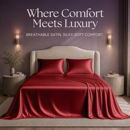 Red satin sheets and two matching pillows on a bed beneath "Where Comfort Meets Luxury".