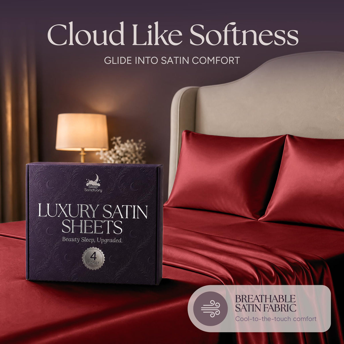 Red satin pillows and sheets beside a purple sheet box, beneath the heading "Cloud Like Softness".