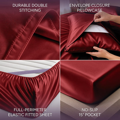 Red satin sheet detail collage showing double stitching, an envelope pillowcase, perimeter elastic and a pocket labeled 15 inches.
