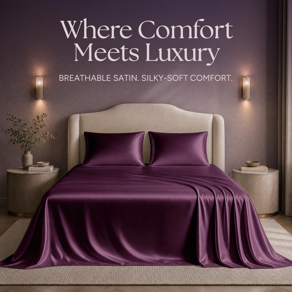 Plum satin sheets and two matching pillows on a bed beneath "Where Comfort Meets Luxury".