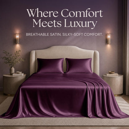 Plum satin sheets and two matching pillows on a bed beneath "Where Comfort Meets Luxury".