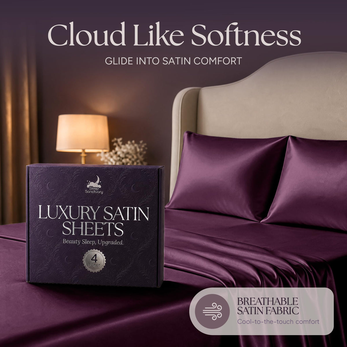 Plum satin pillows and sheets beside a purple sheet box, beneath the heading "Cloud Like Softness".