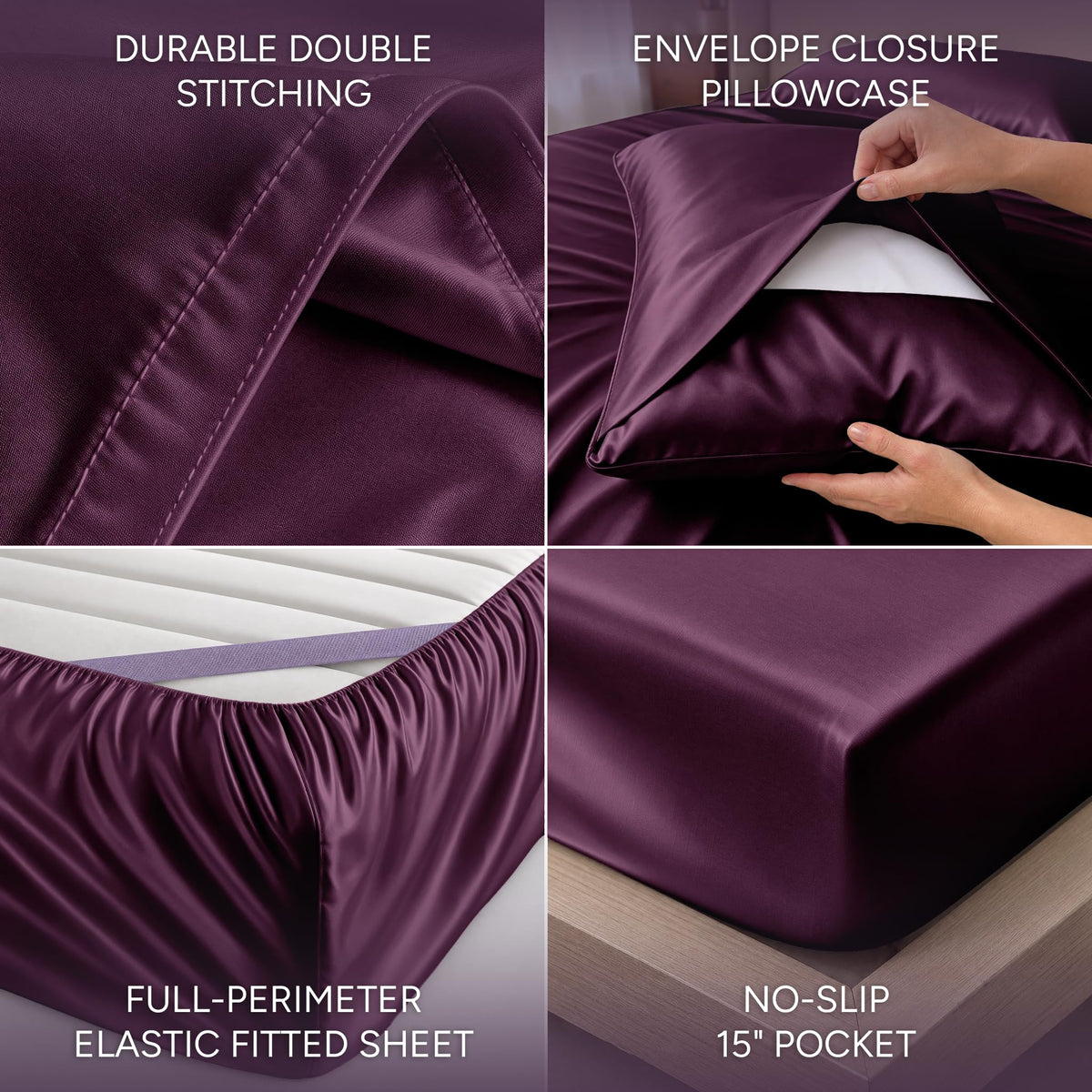 Plum satin sheet detail collage showing double stitching, an envelope pillowcase, perimeter elastic and a pocket labeled 15 inches.