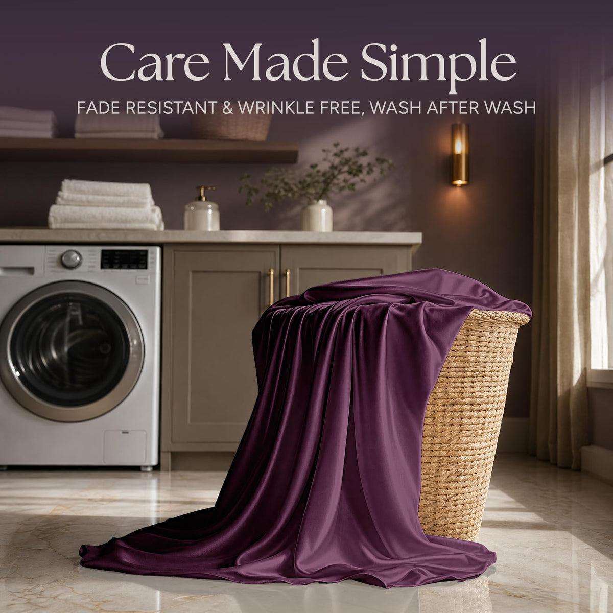 Plum satin fabric draped over a wicker laundry basket beside a washing machine beneath "Care Made Simple".