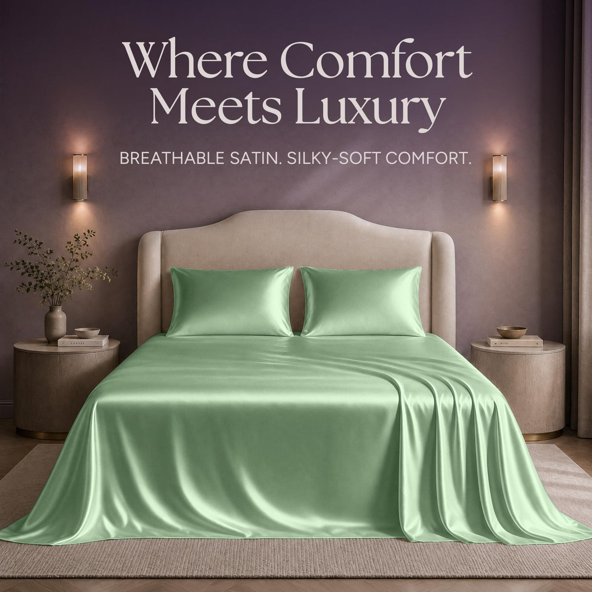 Mint green satin sheets and two matching pillows on a bed beneath "Where Comfort Meets Luxury".
