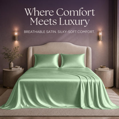 Mint green satin sheets and two matching pillows on a bed beneath "Where Comfort Meets Luxury".