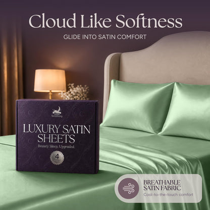 Mint green satin pillows and sheets beside a purple sheet box, beneath the heading "Cloud Like Softness".
