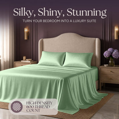 Mint green satin bedding on an upholstered bed beneath "Silky, Shiny, Stunning", with a printed 600 thread count label.