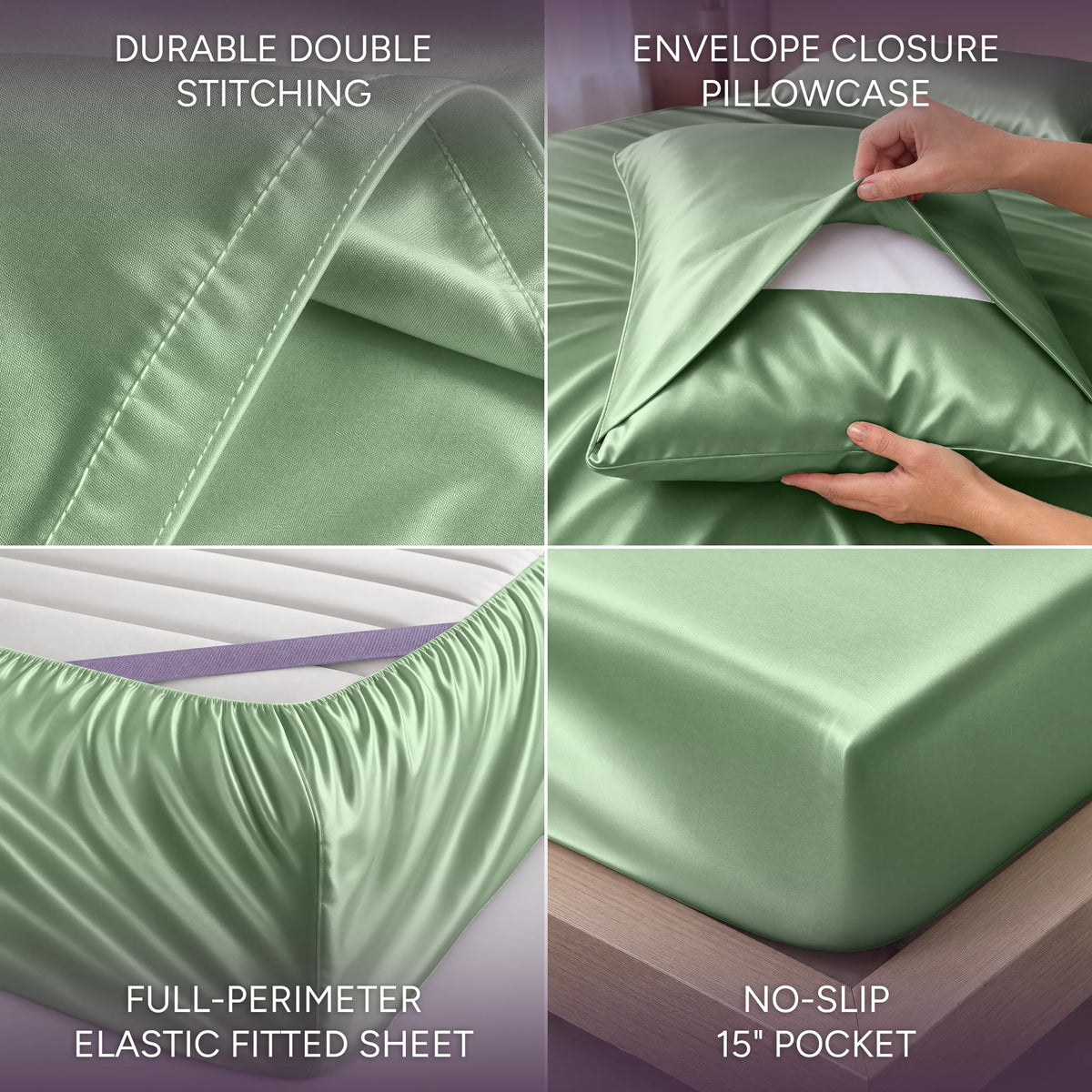 Mint green satin sheet detail collage showing double stitching, an envelope pillowcase, perimeter elastic and a pocket labeled 15 inches.