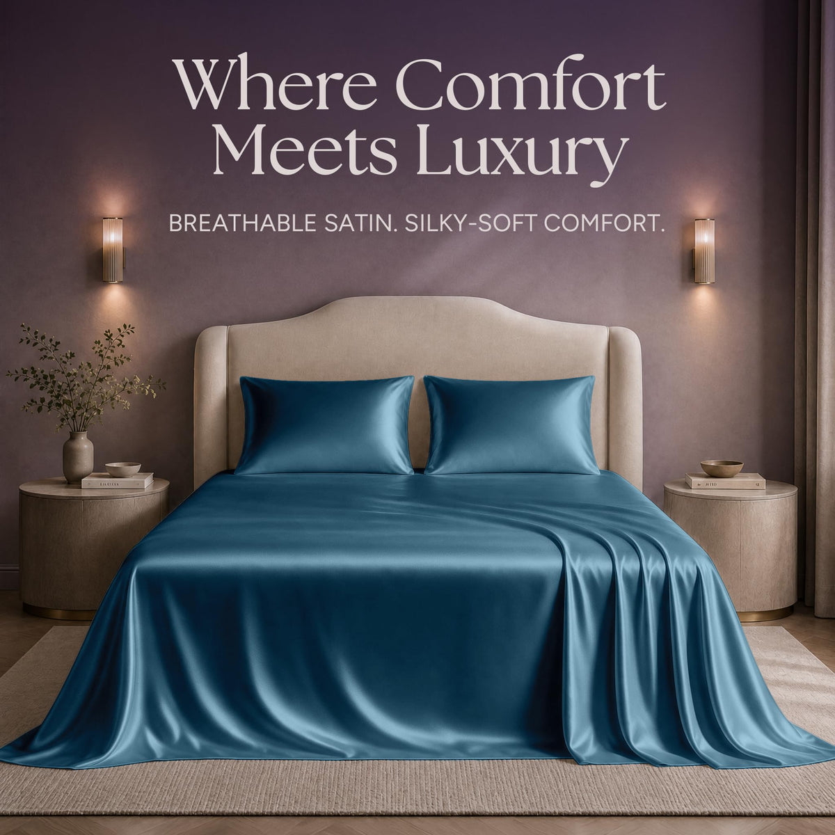 Teal blue satin sheets and two matching pillows on a bed beneath "Where Comfort Meets Luxury".